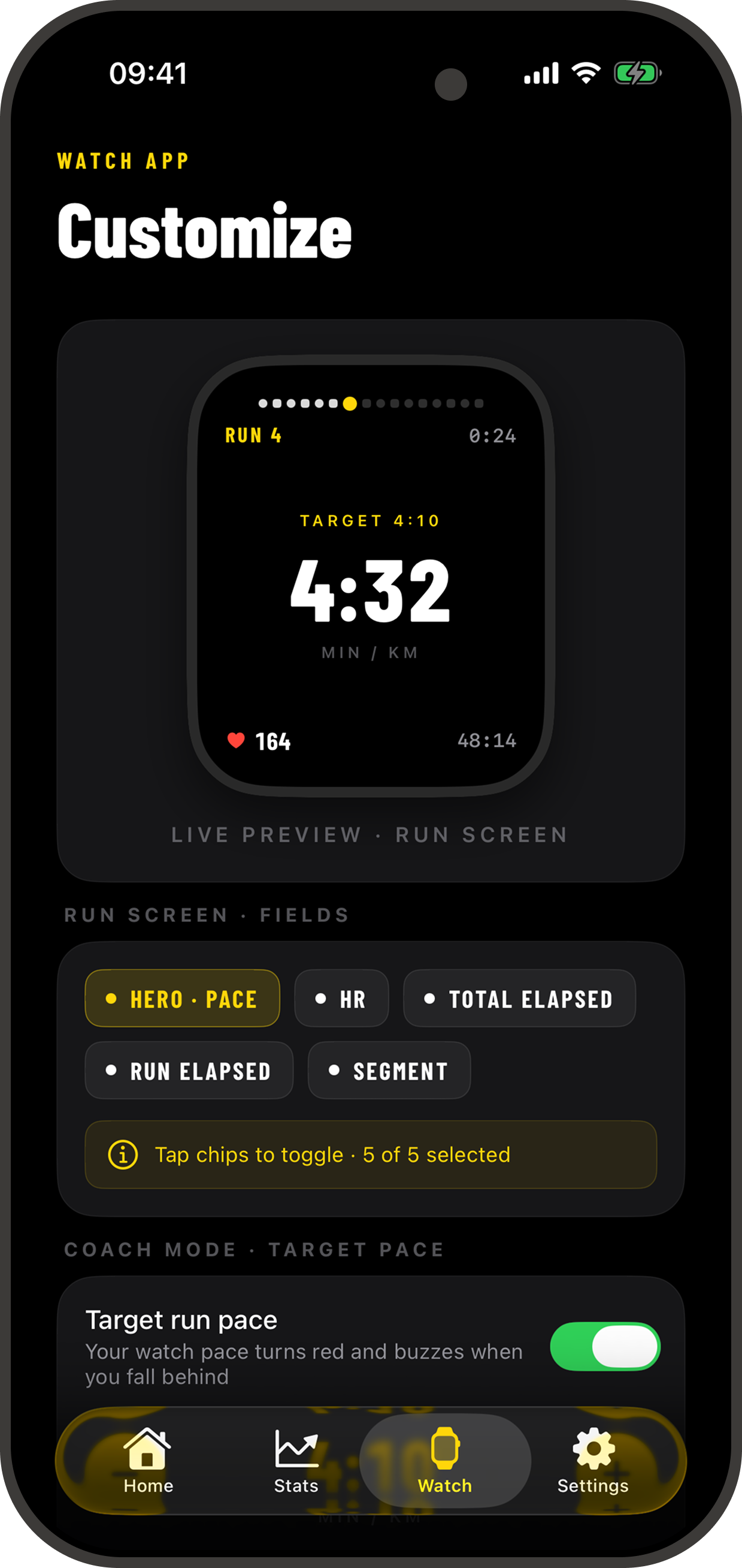 Set target pace and watch fields on iPhone